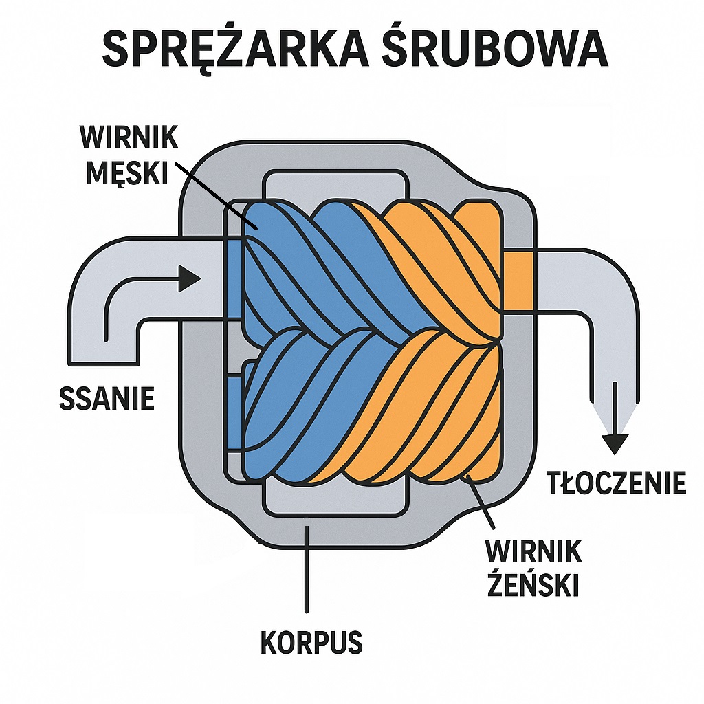 Schemat zasady działania sprężarki śrubowej